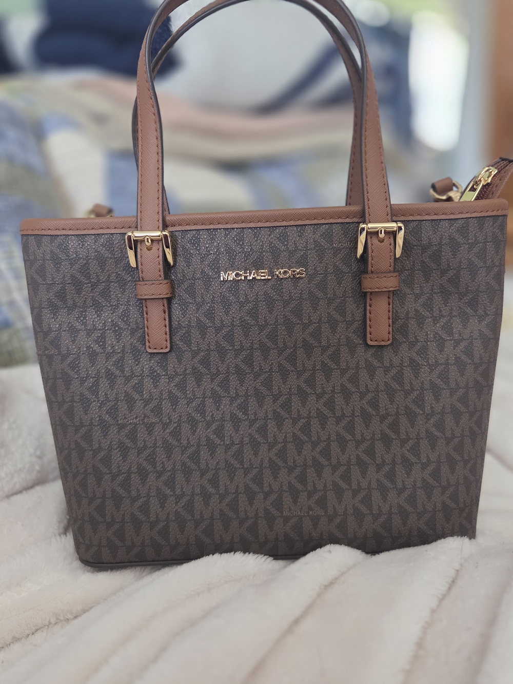 Michael Kors Brown Monogram Mini Tote with Tan Trim